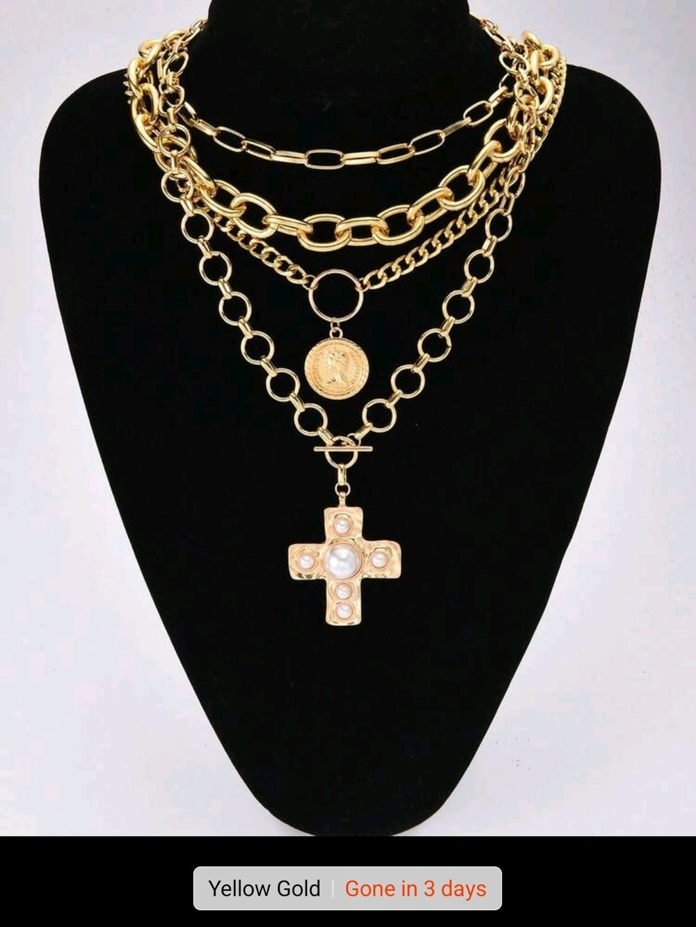 Gold Layered Pearl Cross Pendant Necklace - Women Jewelry - Picture 2 of 6